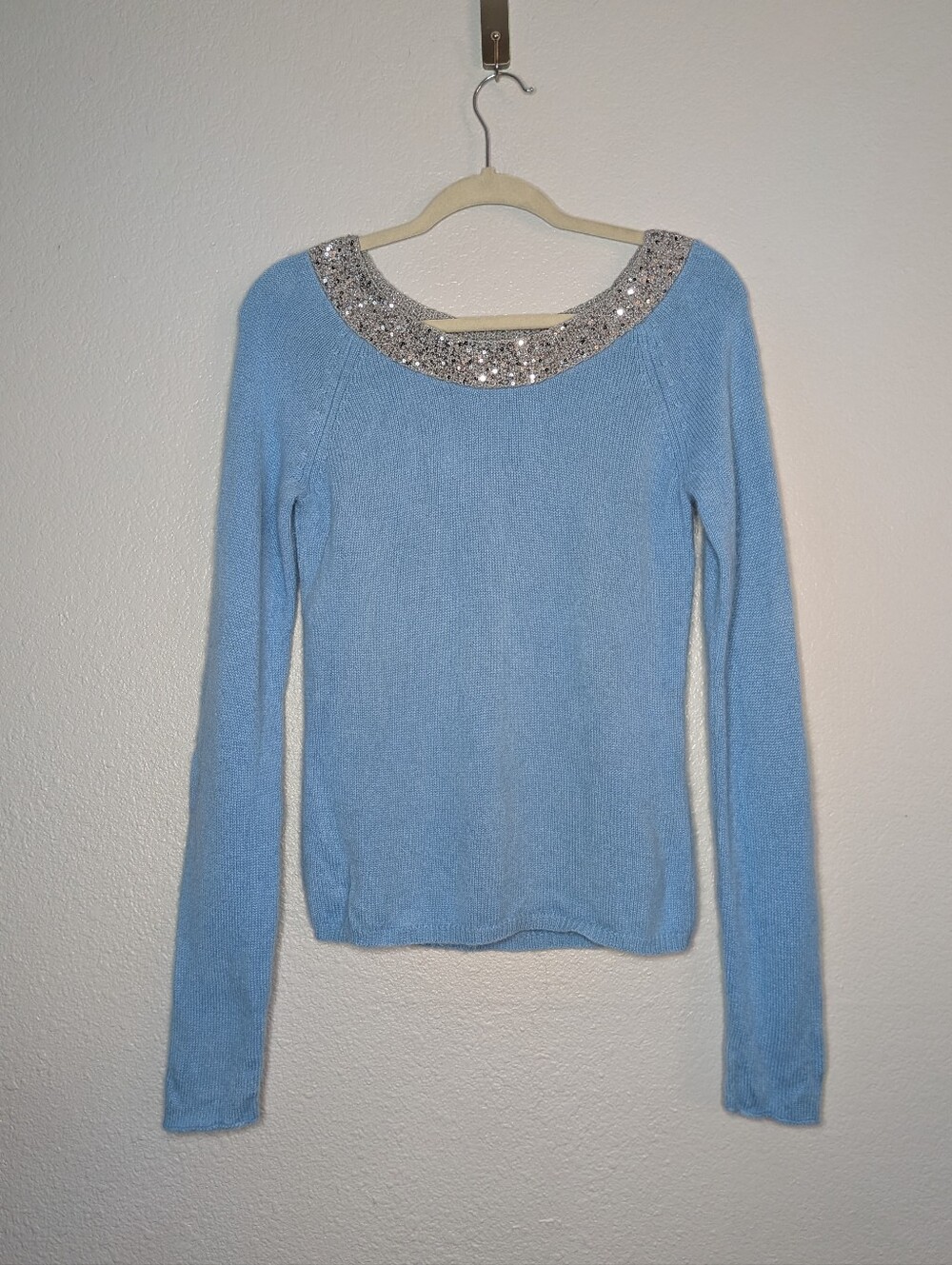 Iisli Light Blue Silver Sequin Trim Cashmere Sweater Quiet Luxury Yacht Gala L